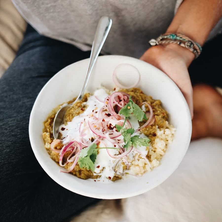 Red Lentil Dal with Vegan Yogurt Sauce and Pickled Onions