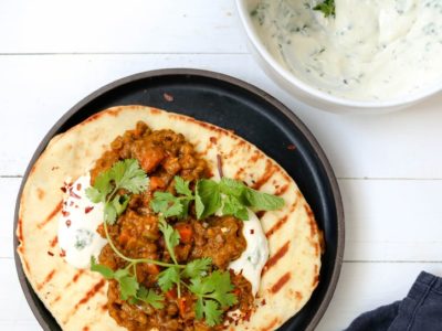 Spiced Lentils with Herby Cashewmilk Yogurt and Naan Recipe