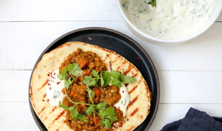 Spiced Lentils with Herby Cashewmilk Yogurt and Naan Recipe