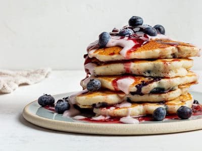 Triple Blueberry Pancakes with Vegan Yogurt Drizzle Recipe
