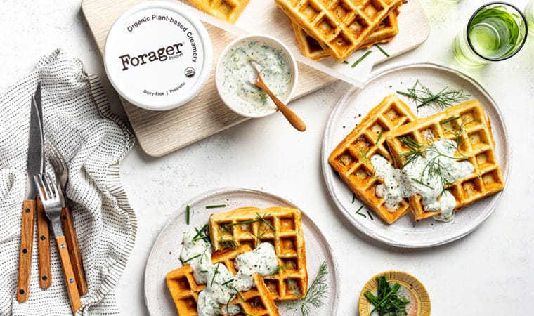 Savory Zucchini Waffles with Dill Chive Vegan Sour Cream