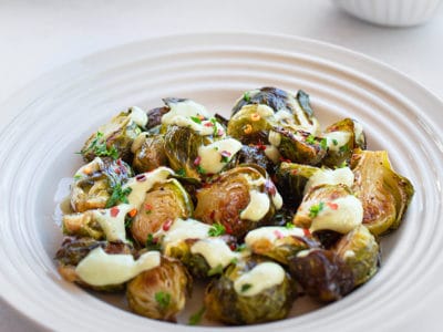 Roasted Brussels Sprouts with Creamy White Bean Dressing