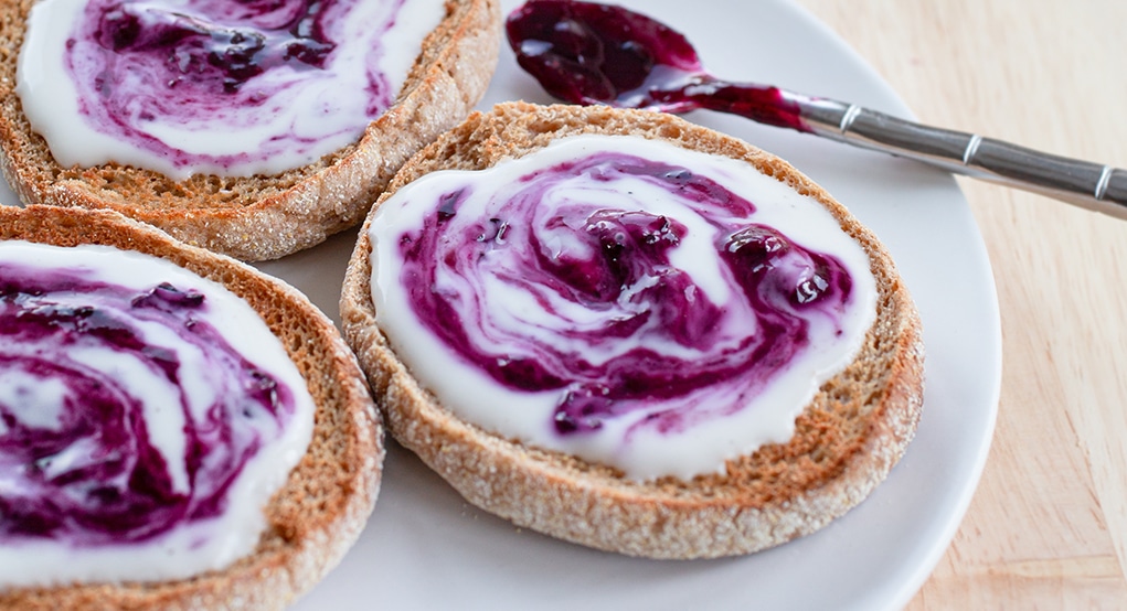 Homemade Blueberry Jam with Yogurt on English Muffins