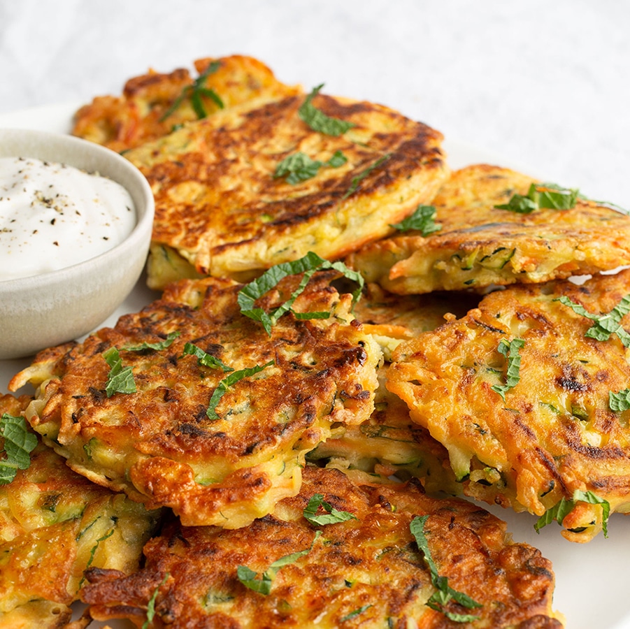 Dairy-free Carrot-Zucchini Parmesan Fritters