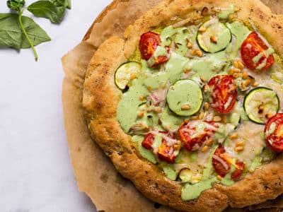 Vegan Summer Pizza with Pesto Yogurt Sauce