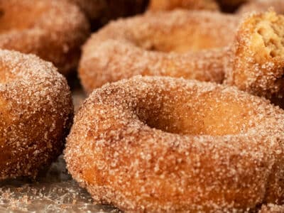 Close up of cinnamon sugar dusted apple cider donuts.